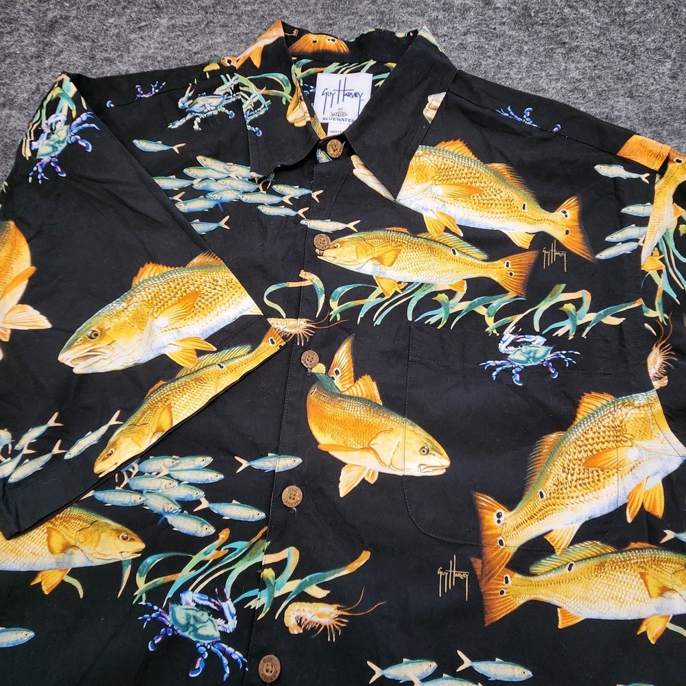 Guy Harvey AFTCO Bluewater Fisherman Fish Crab Button Down Short Sleeve Shirt L